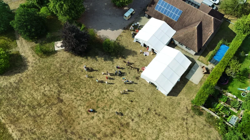Arial picture of wedding at Godmersham & Crundale Village Hall, July 2025